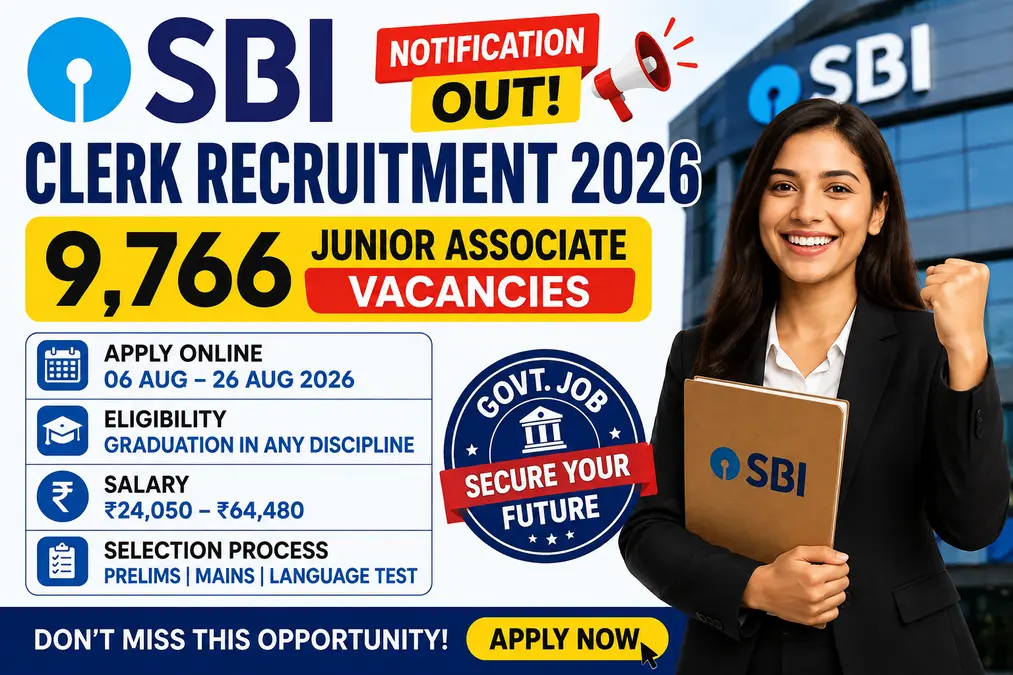 SBI Clerk Recruitment 2026 notification for 9,766 Junior Associate vacancies